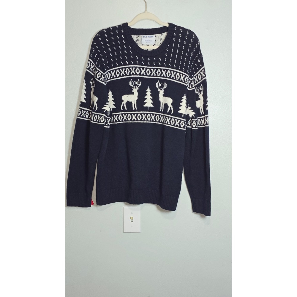 Old Navy Mens Large Navy Blue Reindeer Fair Isle Holiday Crewneck Sweater L